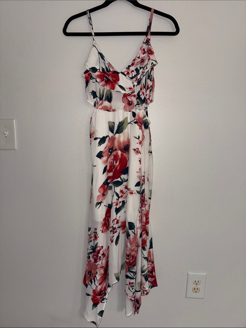 White and Red Floral Asymmetrical Midi Dress